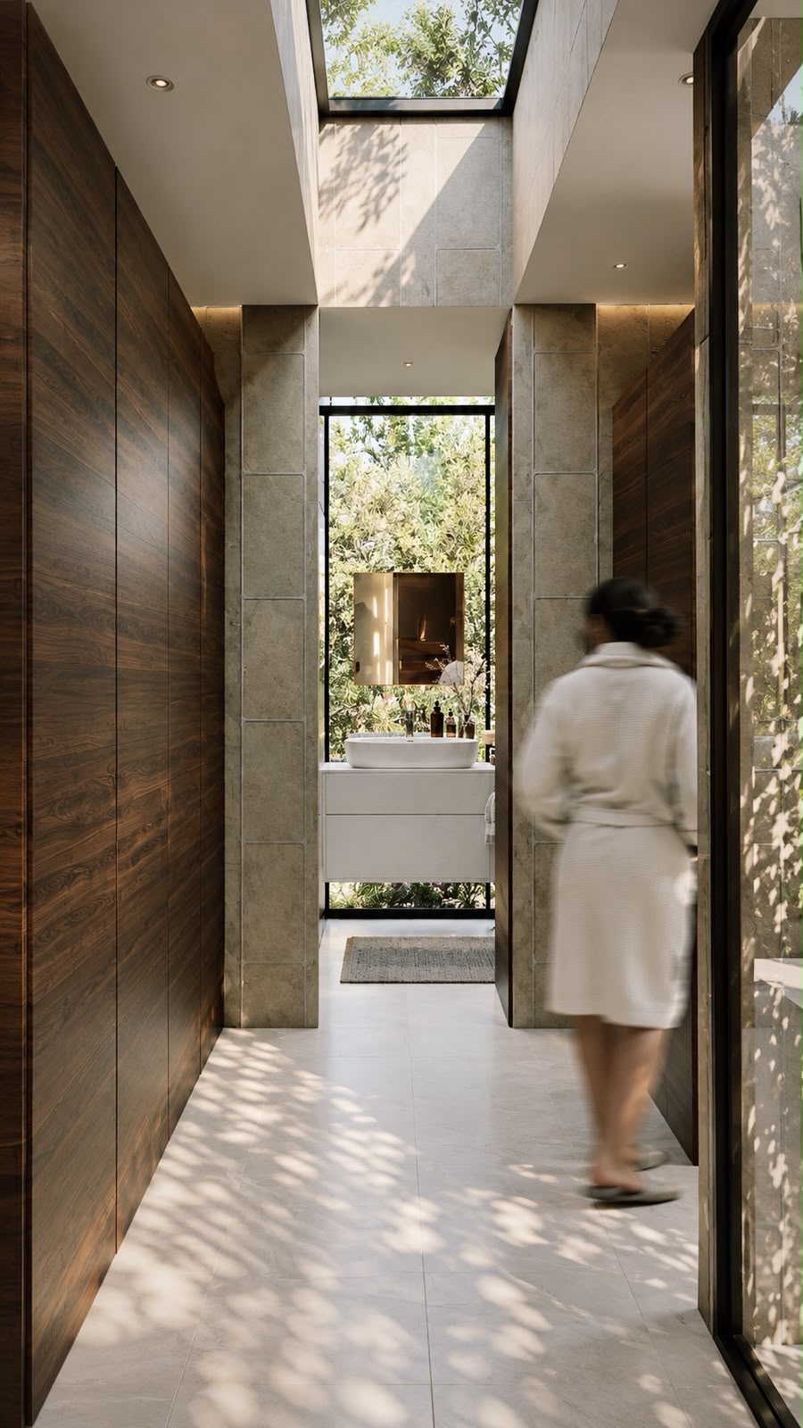 Sunlit architectural corridor with natural stone and timber