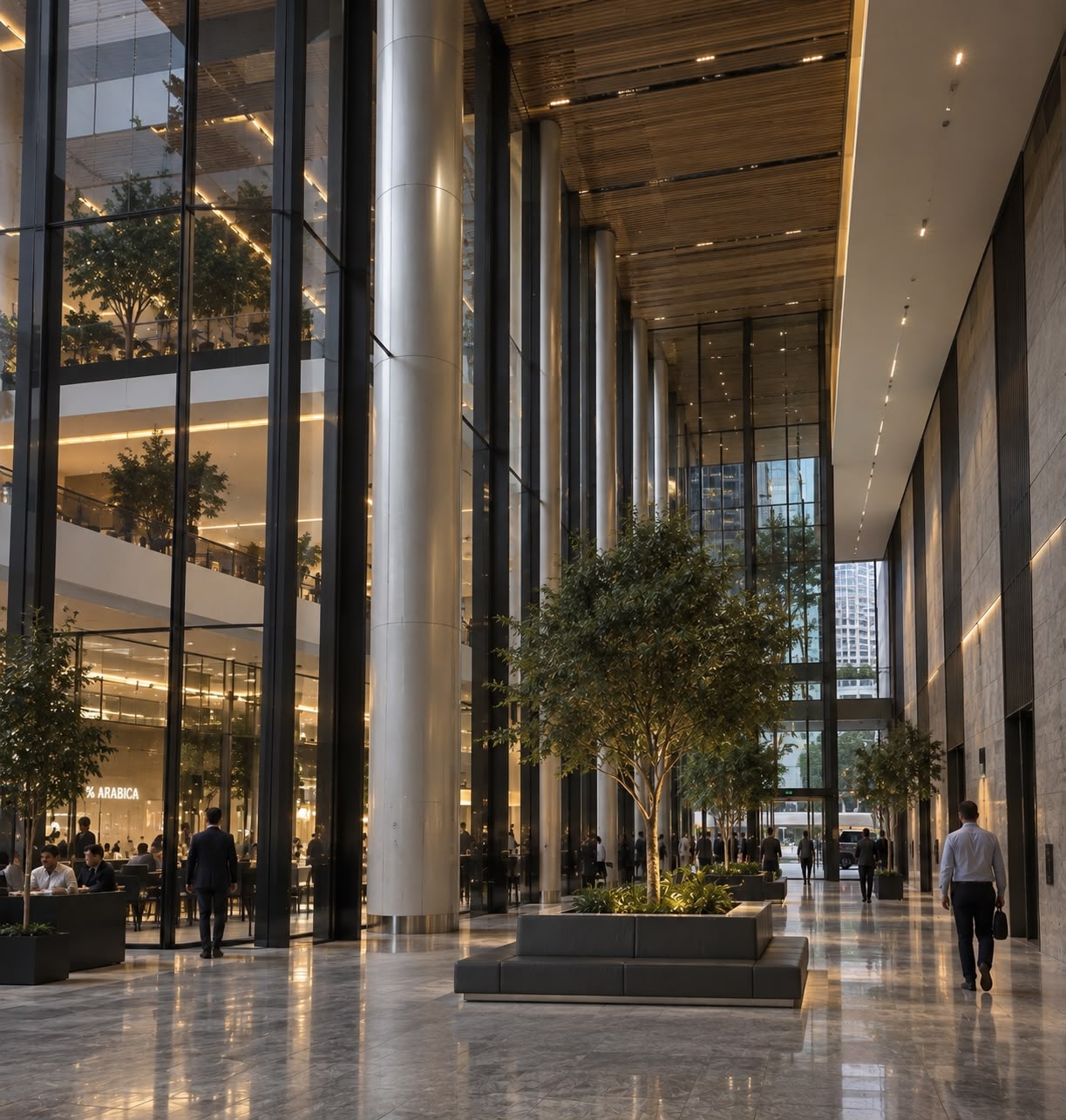 Contemporary commercial interior with a soaring glazed atrium