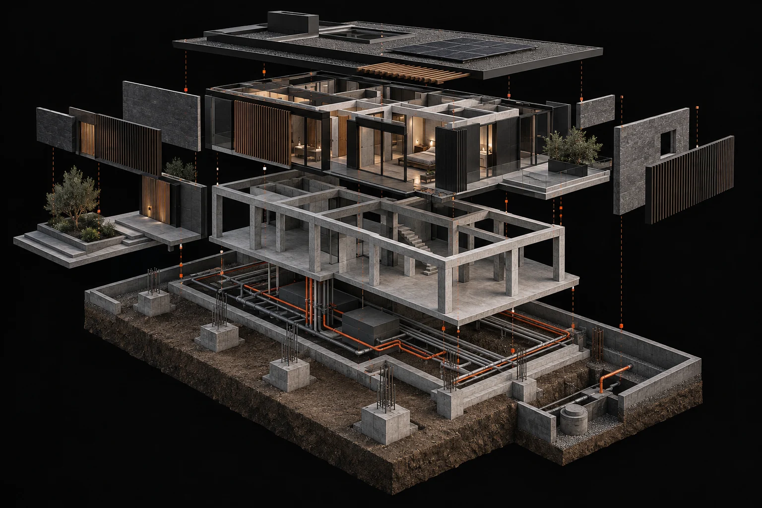 Exploded concept model showing construction layers